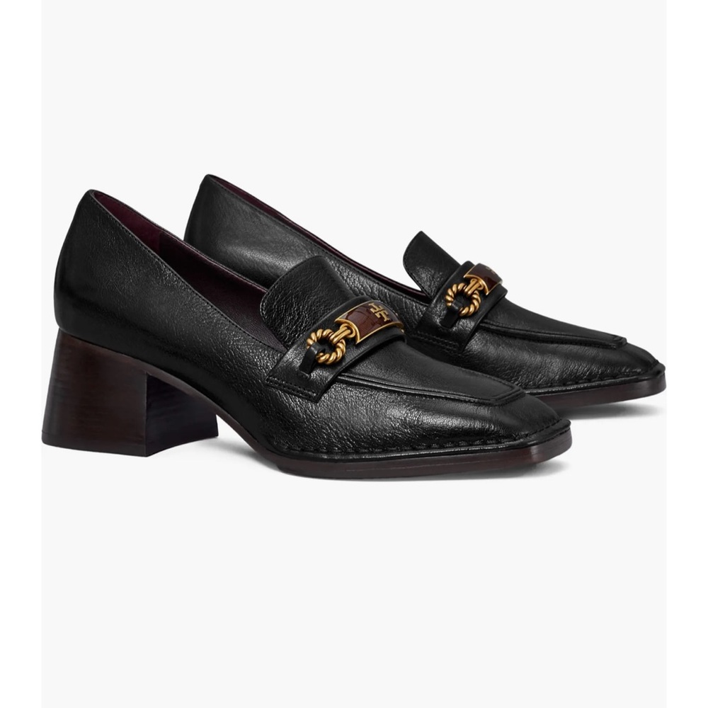 Tory Burch Black Leather Loafers with Gold Accent